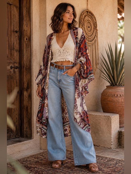Gigio Jackets & Blazers - Gigio XL Cream Kimono Jacket with Burgundy, Teal & Rust Patchwork